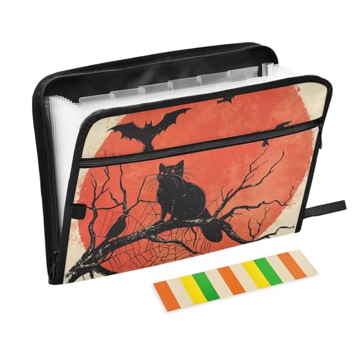 Dokumentenmappe, Motiv: Horror, Halloween, Spinnennetz, Fledermaus, Katze, 13 Taschen, A4, Briefgröße mit Reißverschluss, für Schule, Zuhause, Büro, Klassenzimmer von WDdZzyy