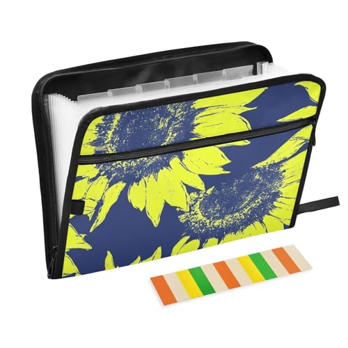 Dokumentenmappe, erweiterbar, 13 Fächer, A4, Briefgröße, mit Reißverschluss, Sonnenblumen-Motiv, Limettengrün und Marineblau von WDdZzyy