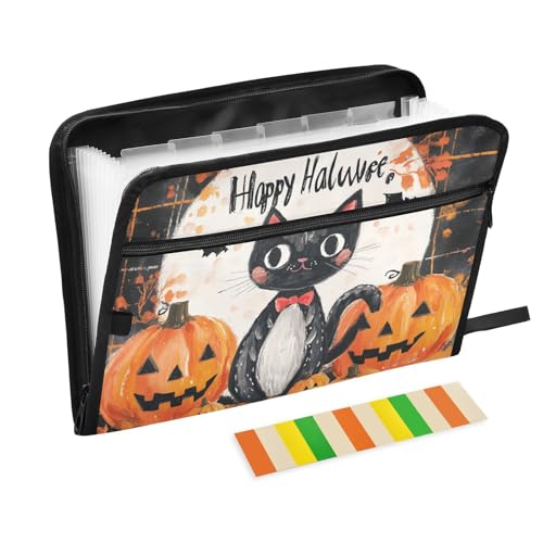 Dokumentenmappe "Happy Halloween", Kürbis-Design, schwarze Katze, 13 Taschen, A4, Briefgröße mit Reißverschluss, für breite Aktenordner von WDdZzyy