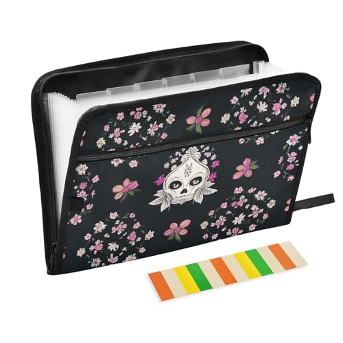 Dokumentenmappe im Gothic-Stil, Totenkopf-Blumen, 13 Taschen, A4, Briefgröße mit Reißverschluss, für Bürobedarf, Ordner von WDdZzyy