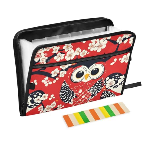Dokumentenmappe im japanischen Stil mit Eulen-Motiv, erweiterbar, 13 Fächer, A4, Briefgröße mit Reißverschluss, für große Aktenordner von WDdZzyy