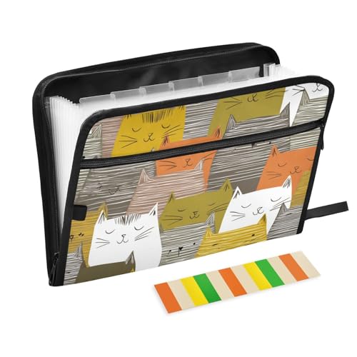 Dokumentenmappe mit 13 Taschen, A4, Briefgröße mit Reißverschluss, für Akkordeon-Dokumente, Fächer, mehrfarbig, Cartoon-Linien, Katzen, 13 Fächer, A4 von WDdZzyy