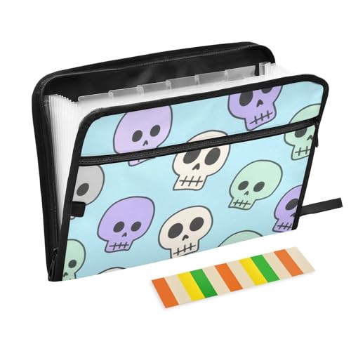Dokumentenmappe mit Cartoon-Totenkopf-Motiv, 13 Taschen, A4, Briefgröße mit Reißverschluss, für Fächermappe, Kunststoff, Blau von WDdZzyy
