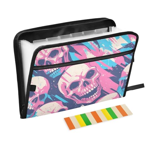 Dokumentenmappe mit Totenkopf, Pfirsichblau, Halloween, 13 Taschen, A4, Briefgröße mit Reißverschluss, für Aktenordner, Taschenordner von WDdZzyy