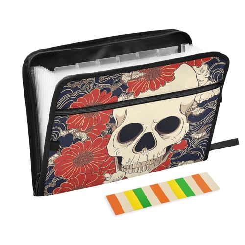 Dokumentenmappe mit Totenkopf-Blumenmuster, 13 Taschen, A4, Briefgröße mit Reißverschluss, für Aktenordner mit Taschen von WDdZzyy