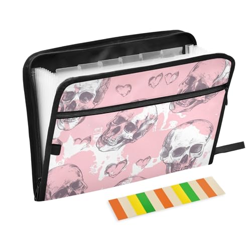 Dokumentenmappe mit Totenkopf und Herz, 13 Taschen, A4, Briefgröße mit Reißverschluss, für Aktenordner mit Reißverschluss, Rosa von WDdZzyy