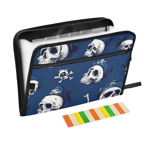 Dokumentenmappe mit Totenkopfmotiv, 13 Fächer, A4, Briefgröße mit Reißverschluss, für Klassenzimmer, Zuhause, Büro, Reisen, Scharlachrot, Marineblau von WDdZzyy