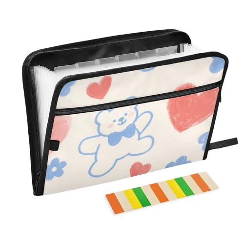 Dokumentenmappe mit niedlichem Cartoon-Bären-Motiv, erweiterbar, 13 Fächer, A4, Briefgröße mit Reißverschluss, für Aktenordner mit Taschen von WDdZzyy
