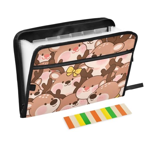 Dokumentenmappe mit niedlichem Cartoon-Elch, Braun, 13 Taschen, A4, Briefgröße mit Reißverschluss, für Akkordeon-Aktenordner von WDdZzyy