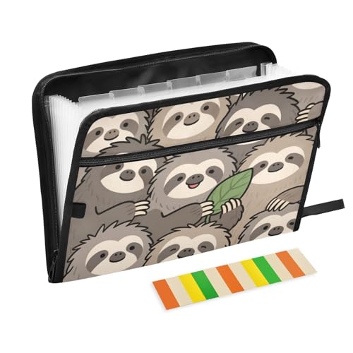 Dokumentenmappe mit niedlichem Cartoon-Faultier-Design, Braun, 13 Taschen, A4, Briefgröße mit Reißverschluss, für Business von WDdZzyy
