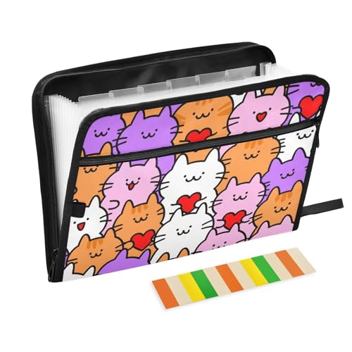 Dokumentenmappe mit niedlichem Cartoon-Herz und Katze, 13 Taschen, A4, Briefgröße mit Reißverschluss, für Kunststoff-Aktenordner von WDdZzyy
