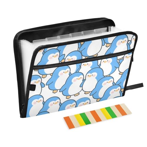Dokumentenmappe mit niedlichem Cartoon-Pinguin, blau, erweiterbar, 13 Taschen, A4, Briefgröße mit Reißverschluss, für Bürobedarf, Ordner von WDdZzyy