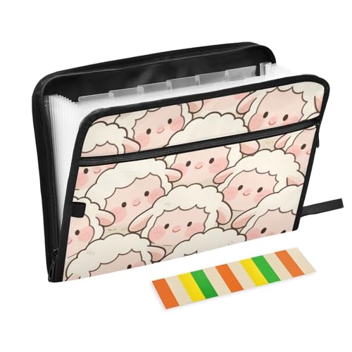 Dokumentenmappe mit niedlichem Cartoon-Schaf, 13 Taschen, A4, Briefgröße mit Reißverschluss, für erweiterbare Ordner mit Trennblättern, Weiß von WDdZzyy