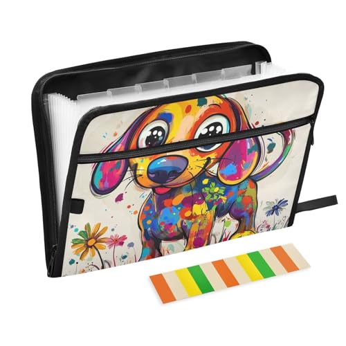 Dokumentenmappe mit süßem Dackel-Motiv, künstlerisches Graffiti-Akkordeon, erweiterbar, 13 Fächer, A4, Briefgröße mit Reißverschluss, für große Aktenordner von WDdZzyy