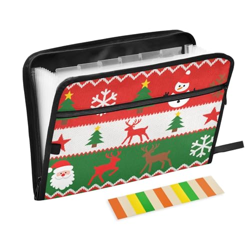 Fächermappe "Merry Christmas" mit grünem Baum, Schneemann, Elch, 13 Taschen, A4, Briefgröße mit Reißverschluss für Dokumentenaufbewahrung von WDdZzyy