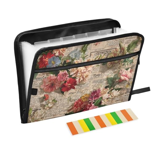 Fächermappe aus Papier, Motiv: alte Zeitung, rote Blumen, Retro, 13 Taschen, A4, Briefgröße mit Reißverschluss, für Schule von WDdZzyy