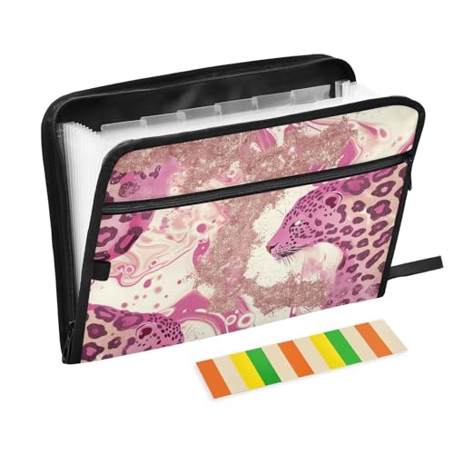 Fächermappe mit Leopardenmuster, Akkordeon, 13 Fächer, A4, Briefgröße mit Reißverschluss, für Kunststoff-Aktenordner, Rosa / goldfarben von WDdZzyy