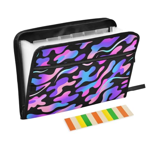 Fächermappe mit Reißverschluss, A4-Format, mit Reißverschluss, 13 Fächer, Neon-Tarnmuster, Violett / Schwarz / Blau von WDdZzyy