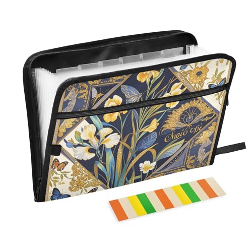 Fächermappe mit Retro-Blumen, 13 Fächer, A4, Briefgröße mit Reißverschluss, Blau und Gold Fächermappe mit Retro-Blumen, 13 Fächer, A4, Briefgröße mit Reißverschluss, Blau und Gold von WDdZzyy