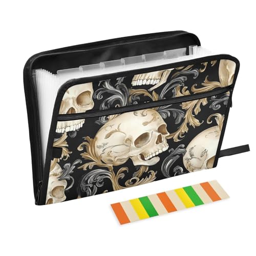 Fächermappe mit Totenköpfen, Kunststoff, 13 Fächer, A4, Briefgröße mit Reißverschluss, für Schule, Zuhause, Büro, Klassenzimmer Fächermappe mit Totenköpfen, Kunststoff, 13 Fächer, A4, Briefgröße mit Reißverschluss, für Schule, Zuhause, Büro, Klassenzimmer von WDdZzyy