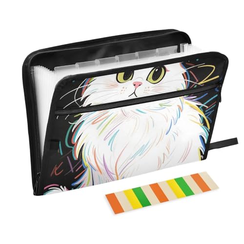 Fächermappe mit niedlichem Cartoon-Motiv, weiße Katze, Akkordeon, 13 Taschen, A4, Briefgröße mit Reißverschluss, zum Erweitern von Hängemappen von WDdZzyy