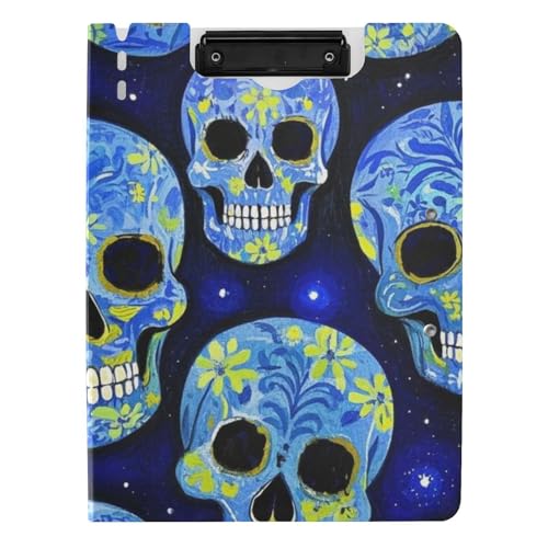Faltbares Klemmbrett Blau Kunst Sternenschädel A4 Klemmbrett Binder Doppelte Metallclips Stifthalter Still-Clipboard mit Abdeckung von WDdZzyy