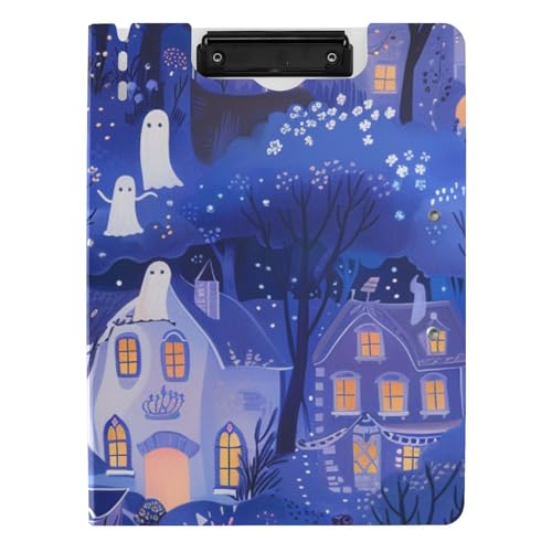 Faltbares Klemmbrett Halloween Dörfer Blau Illustration Niedliches A4 Klemmbrett Binderfolio Zwei Metallclips Stifthalter Still-Clipboard mit festem Einband von WDdZzyy