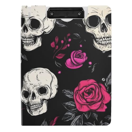 Faltbares Klemmbrett Totenkopf und Rose, schwarz, Valentins-A4-Klemmbrett, Folio-Ordner, doppelte Metall-Clips, Stifthalter, Büro-Klemmbrett mit Abdeckung Faltbares Klemmbrett Totenkopf und Rose, schwarz, Valentins-A4-Klemmbrett, Folio-Ordner, doppelte Metall-Clips, Stifthalter, Büro-Klemmbrett mit Abdeckung von WDdZzyy