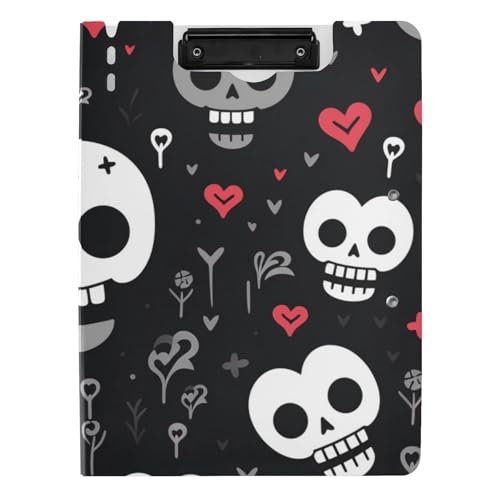 Faltbares Klemmbrett mit Aufbewahrung, lustiges Totenkopf-Herz, schwarz, A4-Klemmbrett, Binder, Doppel-Clips, Stifthalter, Büro-Klemmbrett mit festem Einband Faltbares Klemmbrett mit Aufbewahrung, lustiges Totenkopf-Herz, schwarz, A4-Klemmbrett, Binder, Doppel-Clips, Stifthalter, Büro-Klemmbrett mit festem Einband von WDdZzyy