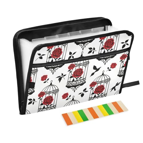 Große Dokumentenmappe, Gothic-Stil, Roter und schwarzer Halloween-Rosen-Vogelkäfig, 13 Taschen, A4, Briefgröße mit Reißverschluss, für Papier, Fächermappe von WDdZzyy