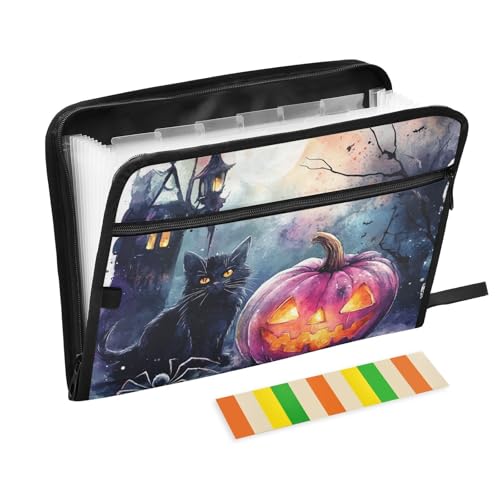 Gruselige Halloween-Dokumentenmappe, Kürbis-Spinne, schwarze Katze, 13 Taschen, A4, Briefgröße mit Reißverschluss, zum Erweitern der Dokumentenmappe von WDdZzyy
