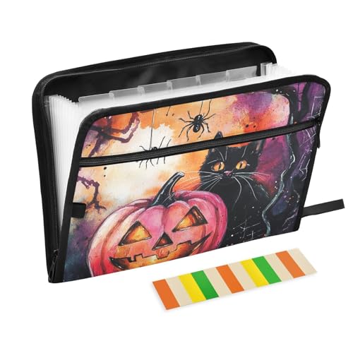 Gruselige Halloween-Fächermappe, Kürbis-Spinne, schwarze Katze, 13 Fächer, A4, Briefgröße mit Reißverschluss, für Organizer mit Taschen Gruselige Halloween-Fächermappe, Kürbis-Spinne, schwarze Katze, 13 Fächer, A4, Briefgröße mit Reißverschluss, für Organizer mit Taschen von WDdZzyy