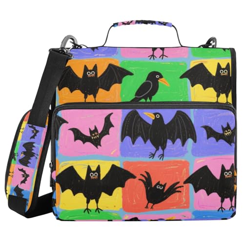 Halloween-Cartoon-Krähen und Fledermäuse, bunt, kariert, 3,8 cm, 3 Ringe, Reißverschluss, Ordner mit Griff und abnehmbarem Schultergurt, mehrere Taschen, Dokumentenmappe für die Mittelschule Halloween-Cartoon-Krähen und Fledermäuse, bunt, kariert, 3,8 cm, 3 Ringe, Reißverschluss, Ordner mit Griff und abnehmbarem Schultergurt, mehrere Taschen, Dokumentenmappe für die Mittelschule von WDdZzyy