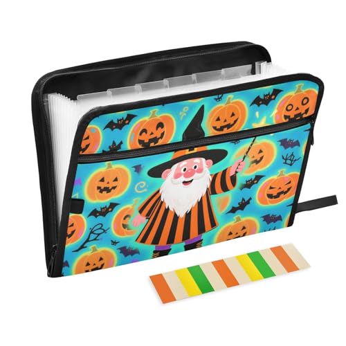 Halloween-Dokumentenmappe, Kürbis-Zwerg, erweiterbar, 13 Fächer, A4, Briefgröße mit Reißverschluss, für Ordner mit Verschluss von WDdZzyy