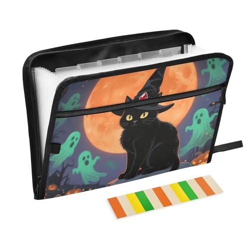 Halloween Dokumentenmappe, schwarze Katzen, Orange, Mond, 13 Taschen, A4, Briefgröße mit Reißverschluss, für Papiere von WDdZzyy