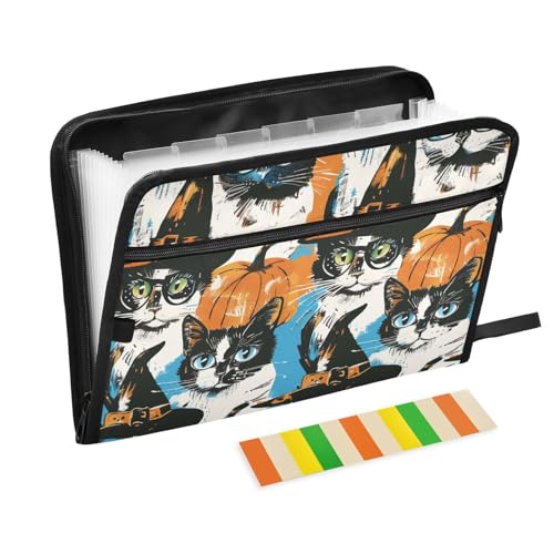 Halloween-Dokumentenmappe mit niedlicher Katze, Hexen, erweiterbar, 13 Fächer, A4, Briefgröße mit Reißverschluss, zum Aufhängen von Aktenordnern von WDdZzyy