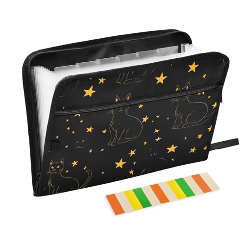 Halloween Katze böse Katze schwarz gold Stern Kunststoff Aktenordner Organizer 13 Taschen A4 Briefgröße mit Reißverschluss für Organizer-Ordner von WDdZzyy