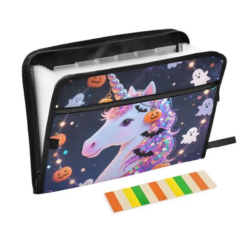 Halloween-Ordner mit Pailletten, Weiß, Einhörner, Kürbis, erweiterbar, 13 Taschen, A4, Briefgröße mit Reißverschluss, für Büro, Schule von WDdZzyy