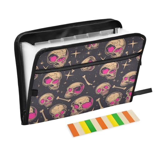 Halloween-Ordner mit Trennwänden, 13 Taschen, A4, Briefgröße mit Reißverschluss, für Organizer, Fächermappe mit Totenkopf-Motiv, pfirsichfarben von WDdZzyy