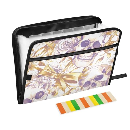 Halloween-Papier-Organizer mit Totenkopf-Motiv, 13 Taschen, A4, Briefgröße mit Reißverschluss, zum Erweitern der Dokumententasche von WDdZzyy