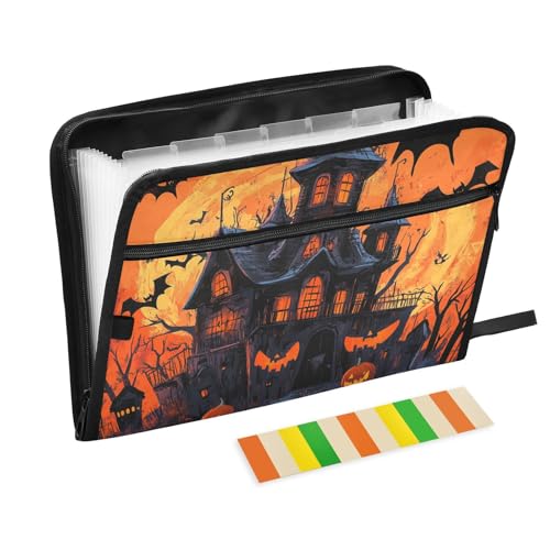 Happy Halloween Fledermaus-Kürbis-Ordner mit Taschen, 13 Taschen, A4, Briefgröße mit Reißverschluss, für Akkordeon, Dokumentenmappe, Fächermappe von WDdZzyy