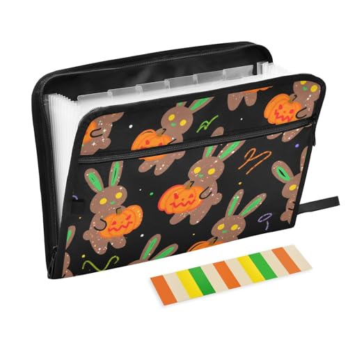 Happy Halloween Kaninchen-Kürbis-Aktenordner mit Taschen, 13 Taschen, A4, Briefgröße mit Reißverschluss, zum Erweitern von Hängemappen von WDdZzyy