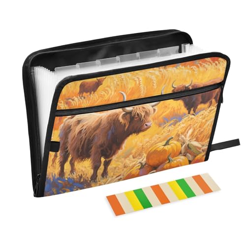 Hello Fall Aktenordner, Herbstkuh, Kürbis, Weizenfeld, 13 Fächer, A4, Briefgröße mit Reißverschluss, für Erweiterungsmappe von WDdZzyy