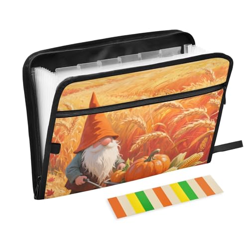 Hello Fall Herbsternte Zwerge Aktenordner, 13 Taschen, A4, Briefgröße mit Reißverschluss, erweiterbarer Ordner mit Trennwänden von WDdZzyy