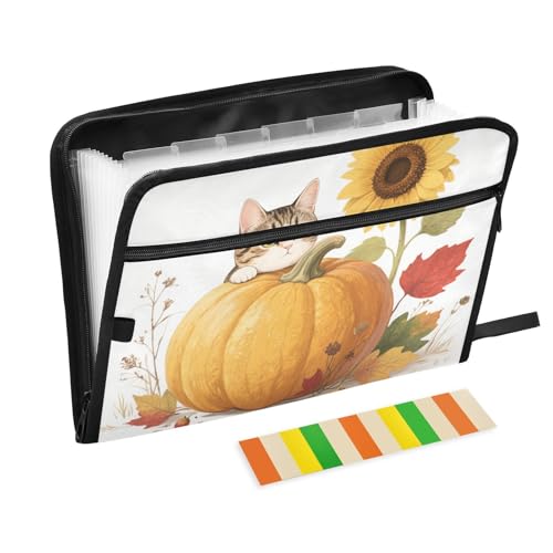 Hello Fall Herbstkatze Kürbis Sonnenblume Aktenordner erweiterbar 13 Taschen A4 Briefgröße mit Reißverschluss für Ordner mit Taschen von WDdZzyy