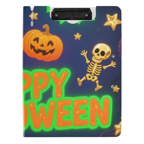 Klemmbrett Happy Halloween Neon Fledermaus buntes A4-Klemmbrett mit Ordner, zwei Metall-Clips, Stifthalter, Büro-Klemmbrett mit Abdeckung von WDdZzyy
