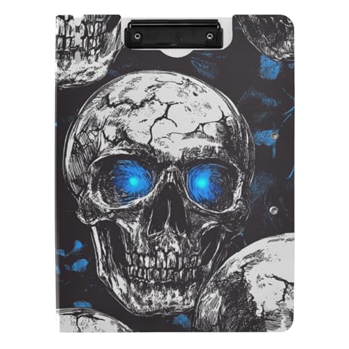 Klemmbrett Ordner Horror Skull Blau Neon Augen A4 Klemmbrett Padfolio Horizontal und Vertikal Doppelclips Büro Klemmbrett mit Abdeckung von WDdZzyy