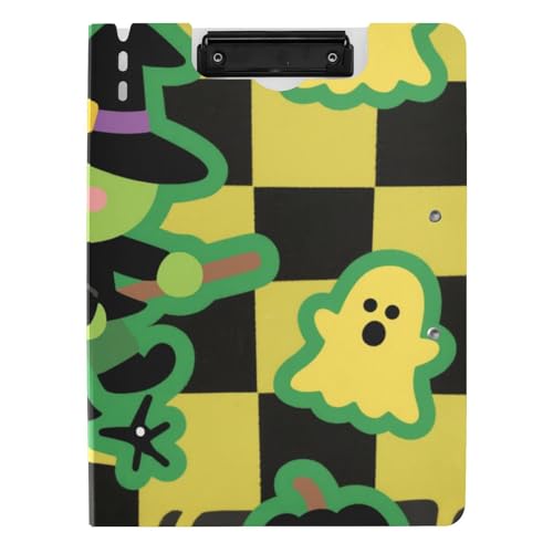 Klemmbrett fluoreszierendes gelb kariertes Halloween (2) A4-Klemmbrett Binder doppelte Metallclips Stifthalter Still-Clipboard mit Abdeckung von WDdZzyy
