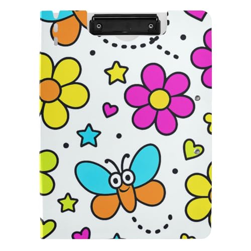 Klemmbrett mit Aufbewahrung, Cartoon, buntes Blumenmuster, A4-Klemmbrett, Folio-Ordner, zwei Metall-Clips, Stifthalter, Büro-Klemmbrett mit Abdeckung von WDdZzyy