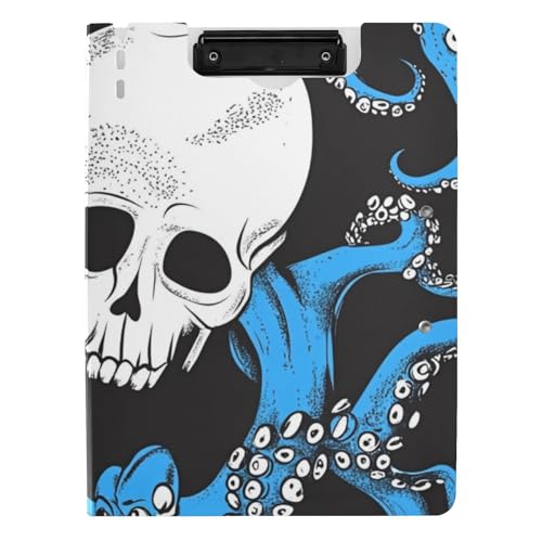 Klemmbrett mit Aufbewahrung, Halloween, Schwarz und Weiß, Totenkopf, Blau, Tier, Meer, A4, Klemmbrett, Folio-Ordner, zwei Metallklammern, Stifthalter, Schulklemmbrett mit festem Einband von WDdZzyy